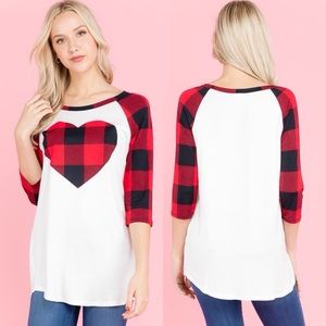 Valentines Day Plaid Heart 3/4 Sleeve Raglan Top